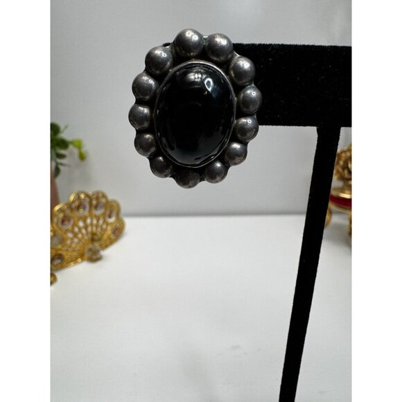 Mexican Sterling Silver Taxco Mexico Cabochon Onyx Oval Stud Earrings Modernist - Picture 3 of 10